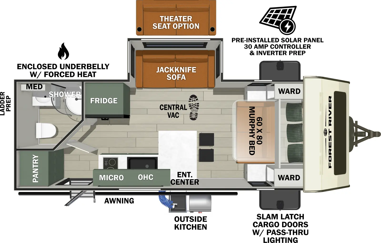 The No Boundaries NB19.6 floorplan has one entry and one slide out. Exterior features include: fiberglass exterior and 16' awning. Interiors features include: murphy bed.